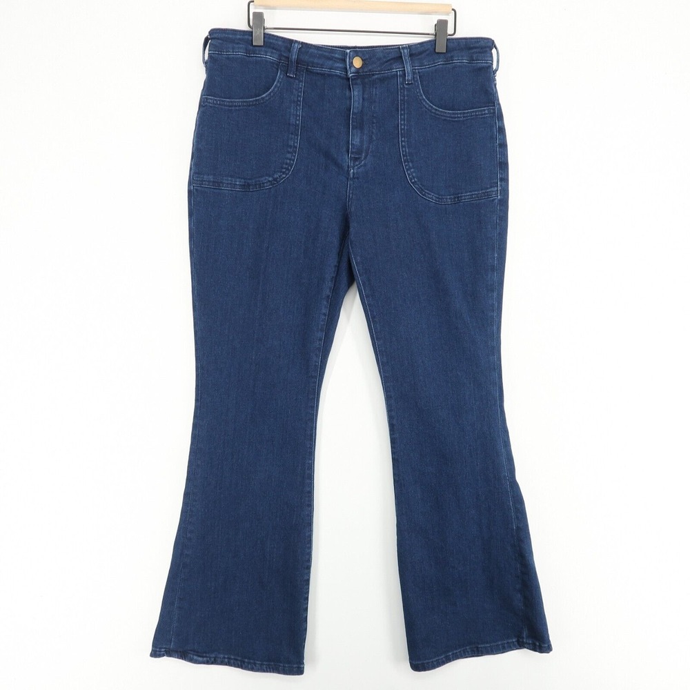 Pilcro Anthropologie Icon Flare Jeans Womens 33 Blue Stretch Denim Patch Pockets